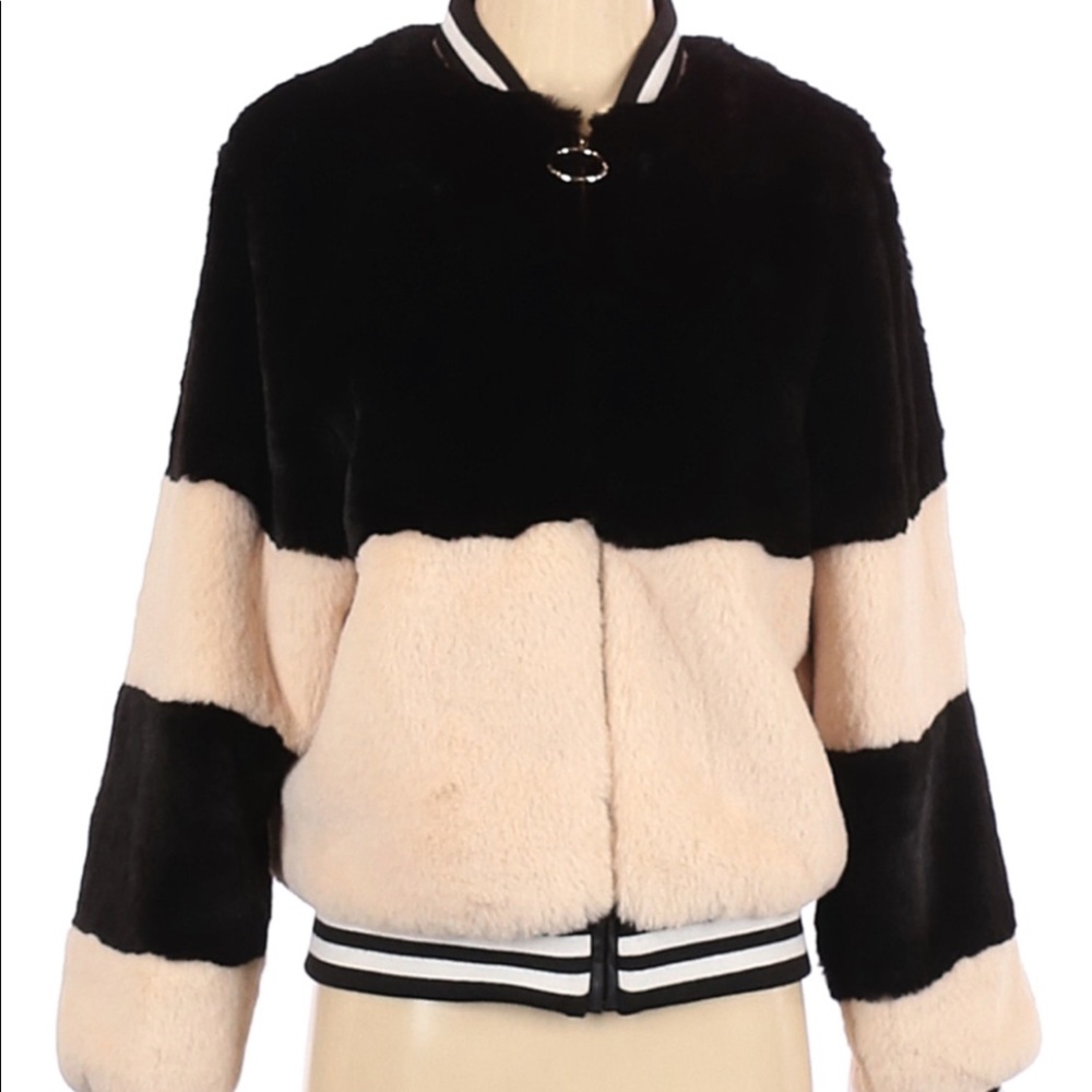 Shaci black and beige faux fur bomber